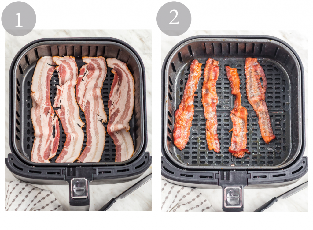 Steps showing how to cook bacon in the air fryer.