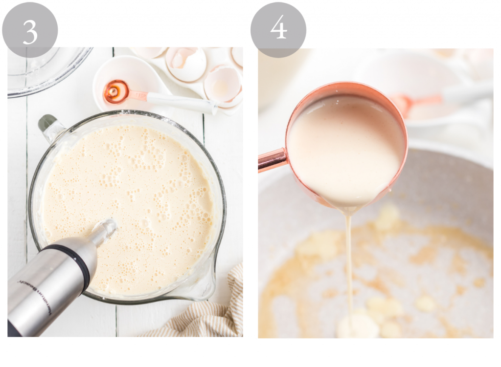 mixing crepe ingredients in bowl with immersion blender and then puring batter into pan with melted butter.