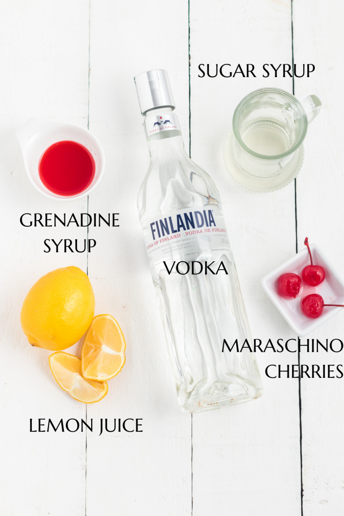Ivodka, grenadine,lemons, sugar syrup and cherries on white table.
