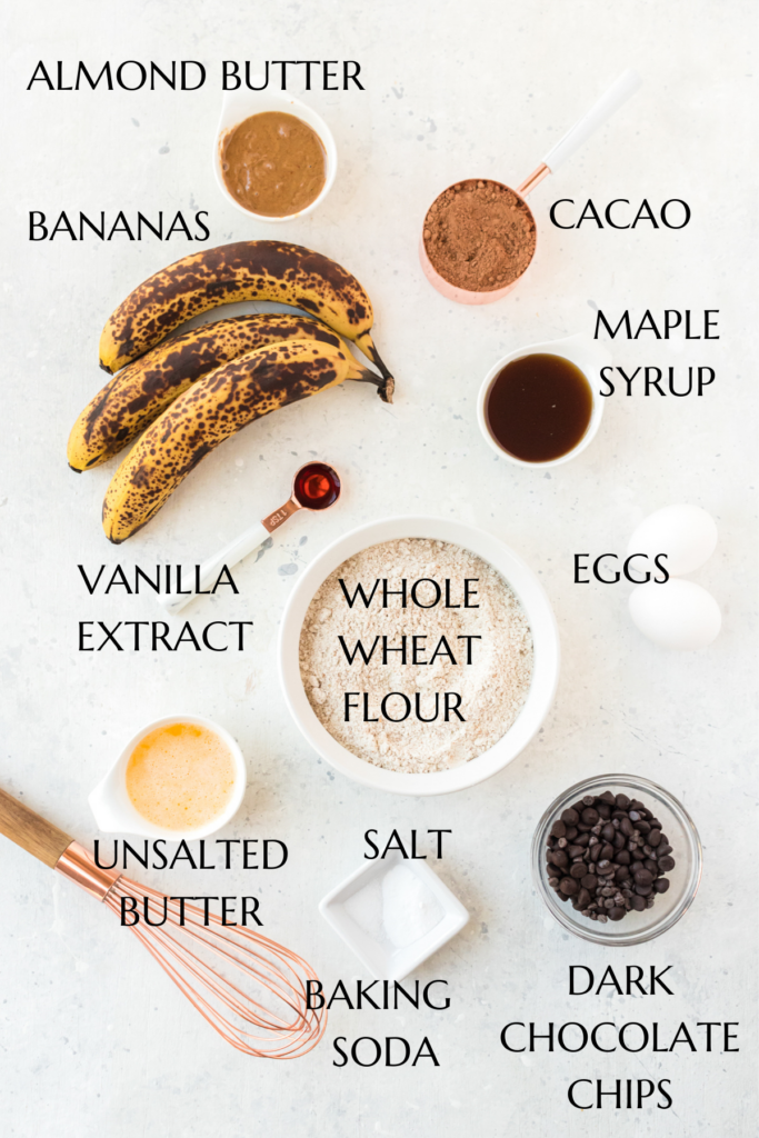 ingredients to make double chocolate banana bread on table.
