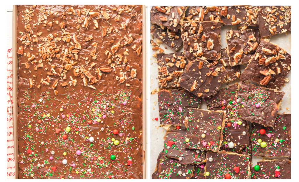 pecans sprinkled on the top half of the of the christmas cranck and sprinkles on the bottom half. then crack is broken into pieces.