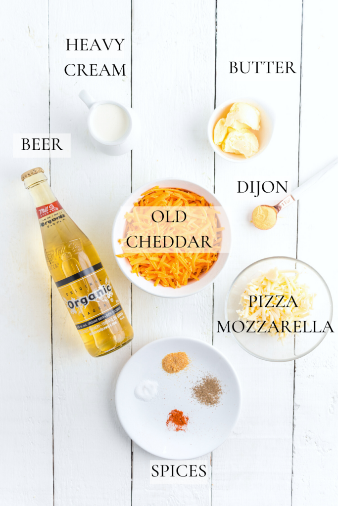 Ingredients on table for beer cheese dip.