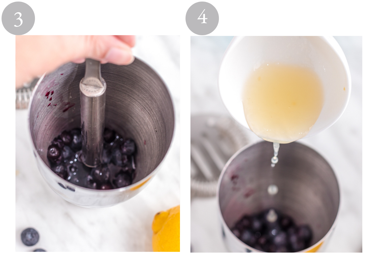 Blueberries being muddled in a cocktail shaker and aquafaba being poured in.