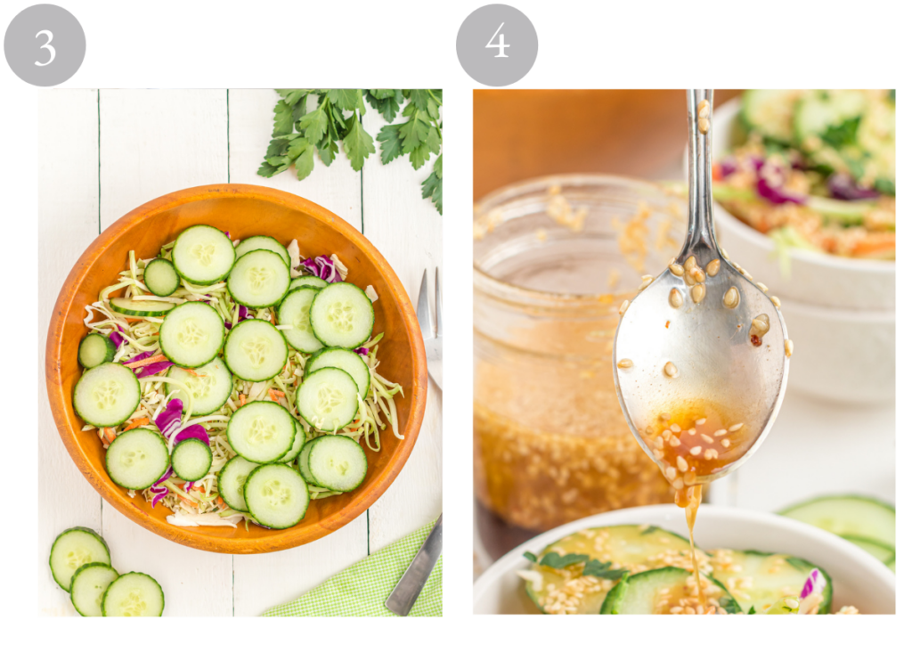 Salad topped with cucumbers and dressing being added with a spoon.