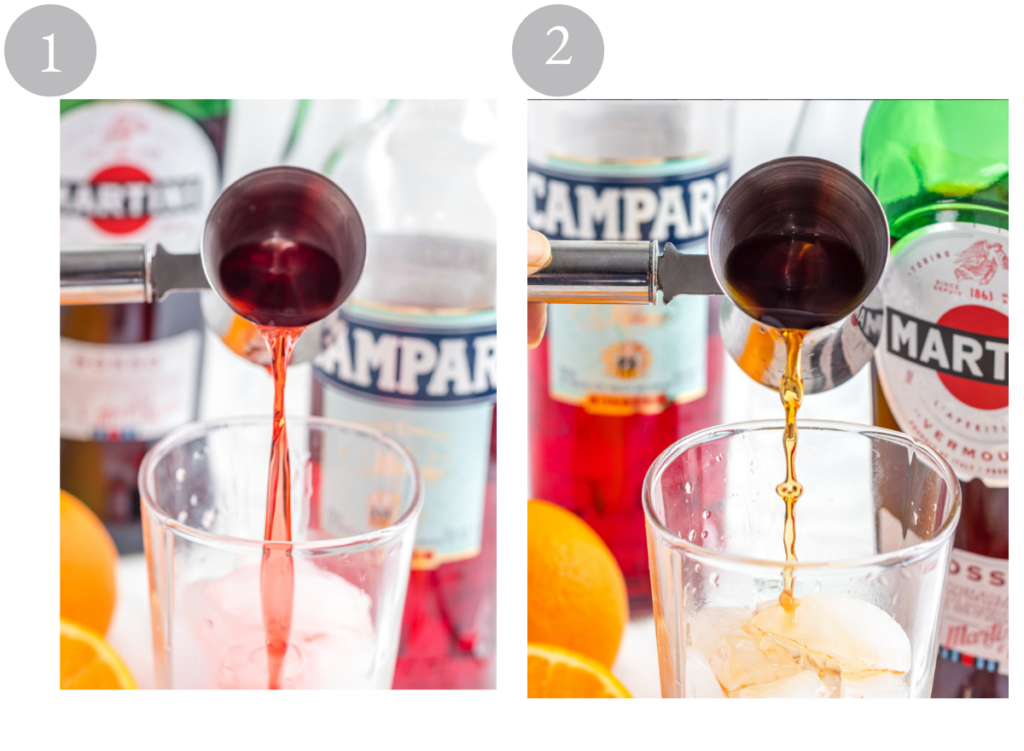 Campari and vermouth being added to a highball glass.
