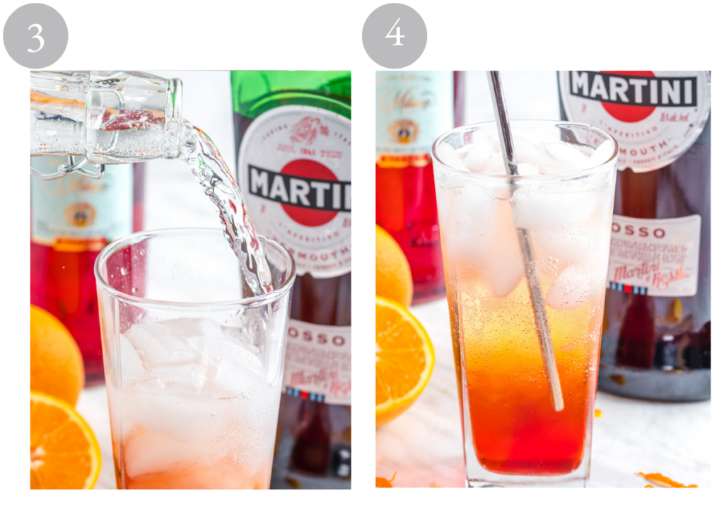 Soda water being poured into highball glass and being mixed with campari and vermouth.