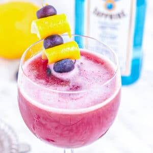 Blueberry Gin Sour Cocktail garnished with blueberries and lemon.