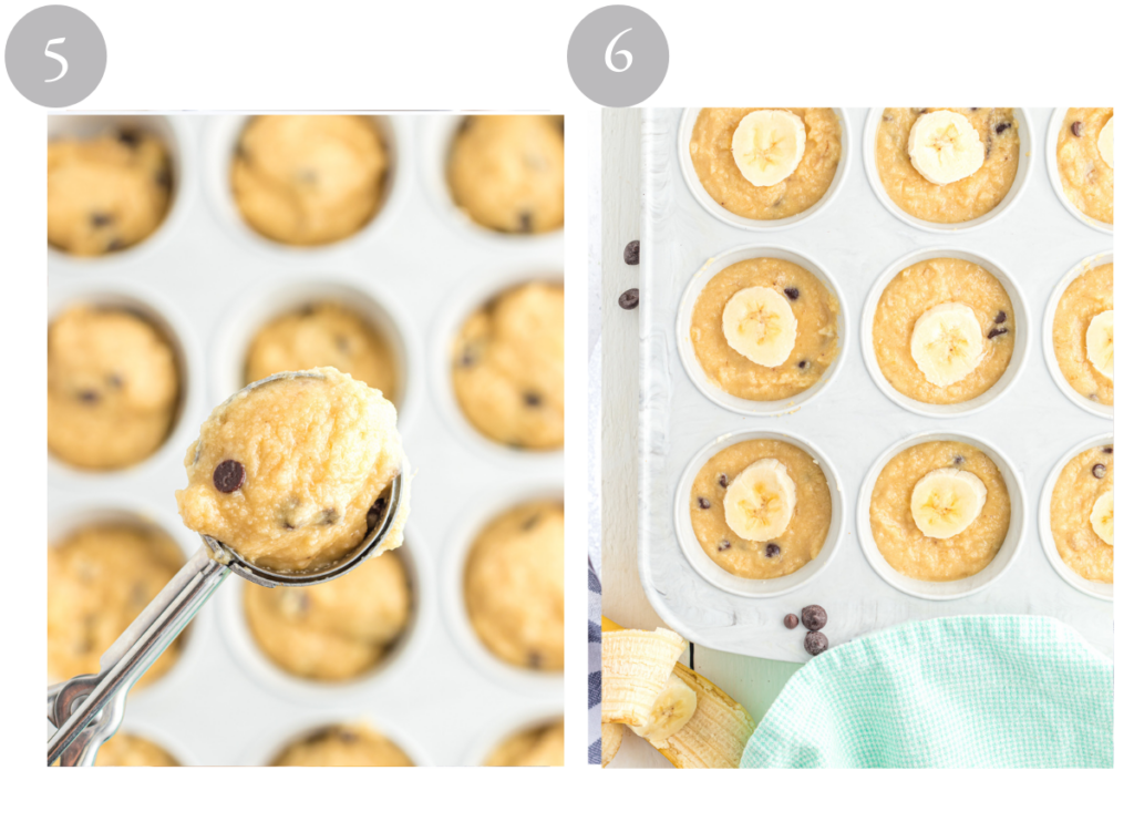 Banana muffin batter in a scoop being put into muffin cups.