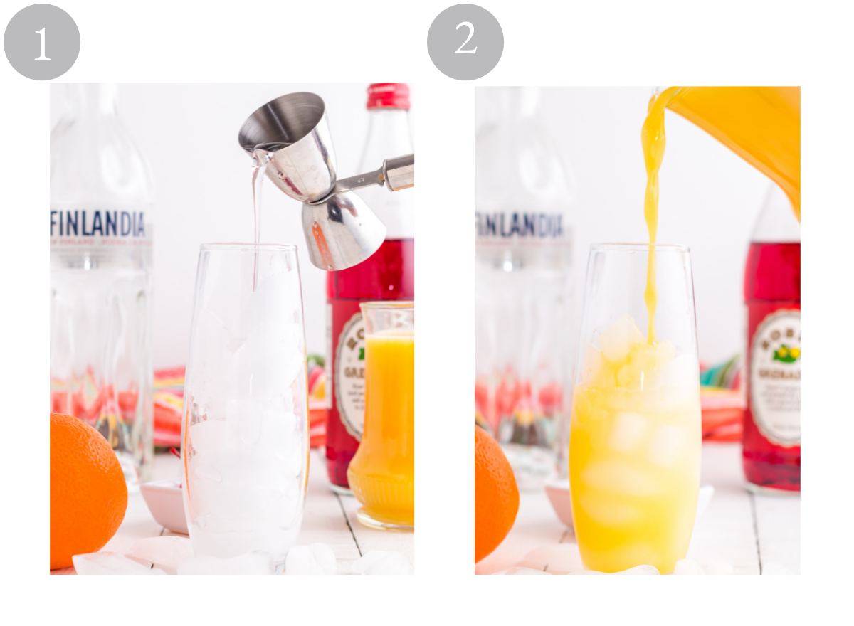 Vodka and orange juice being poured into glasses.