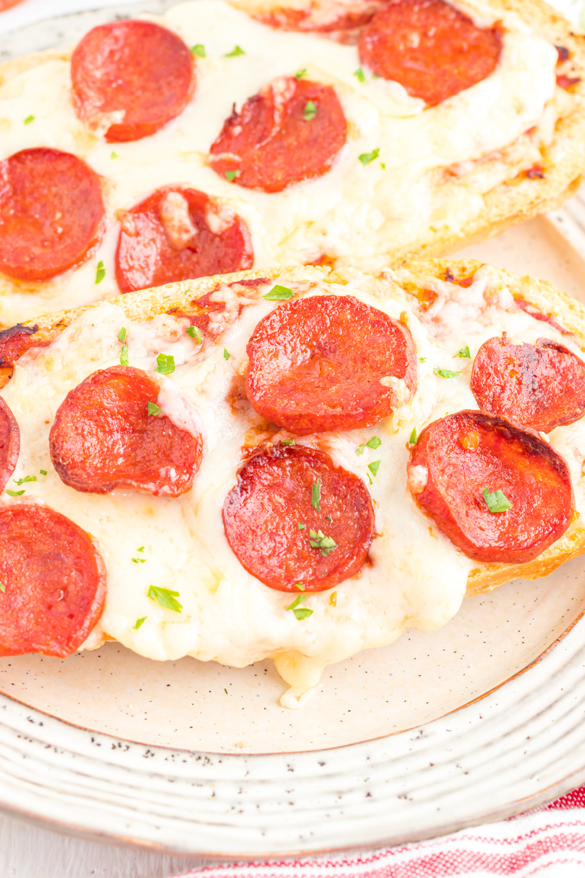 Air Fryer French Bread Pizza on Plate.