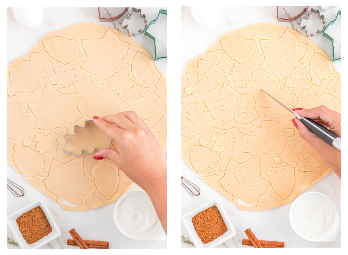 Cutting out pie crust shapes and creating veins on leaves with a paring knife.