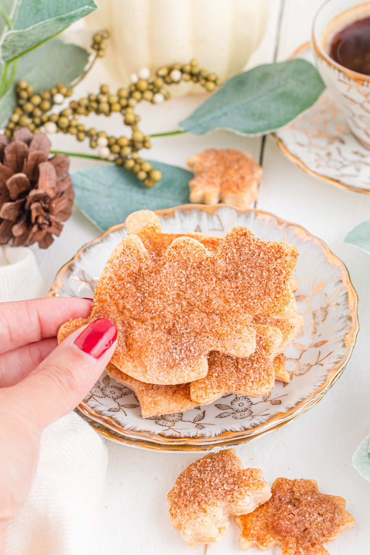 Picking up cinnamon sugar dusted cookie from a plate.
