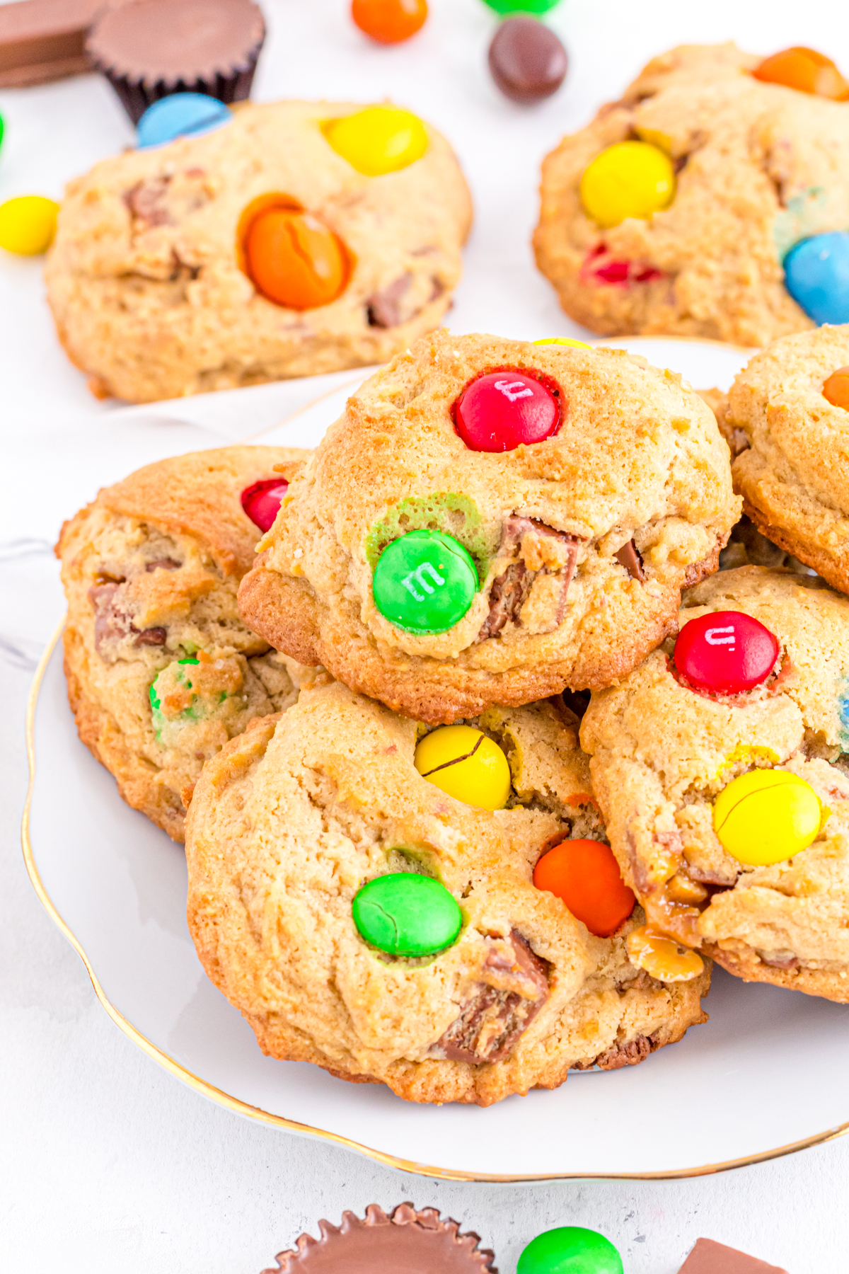 M&M cookies on plate.