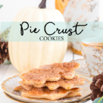 Pie crust cookies on plate with pumpkin in background.