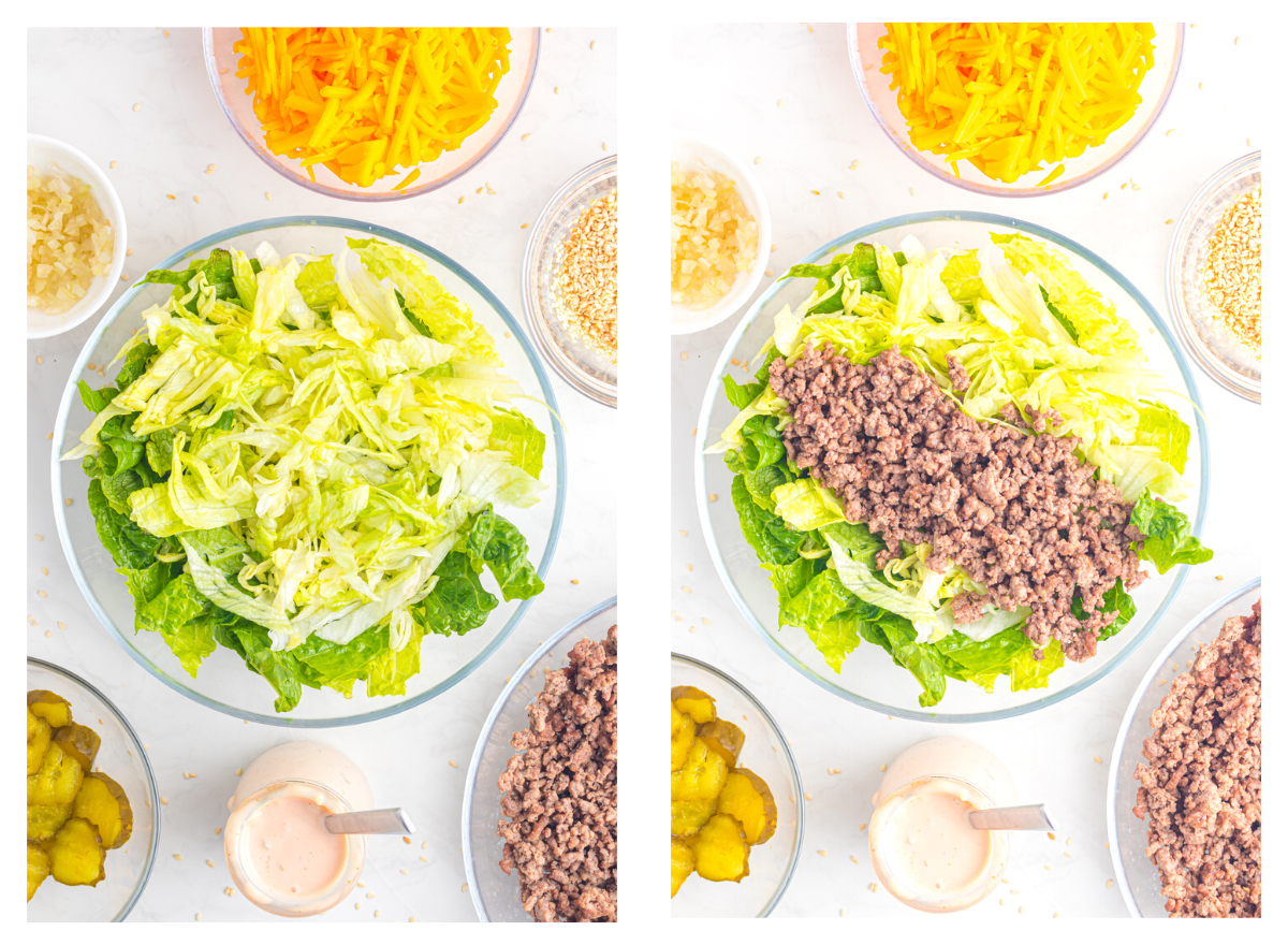 Lettuce in a bowl piled with ground beef.