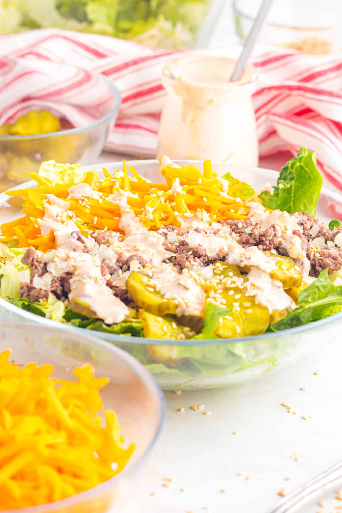 Salad on table with dressing.