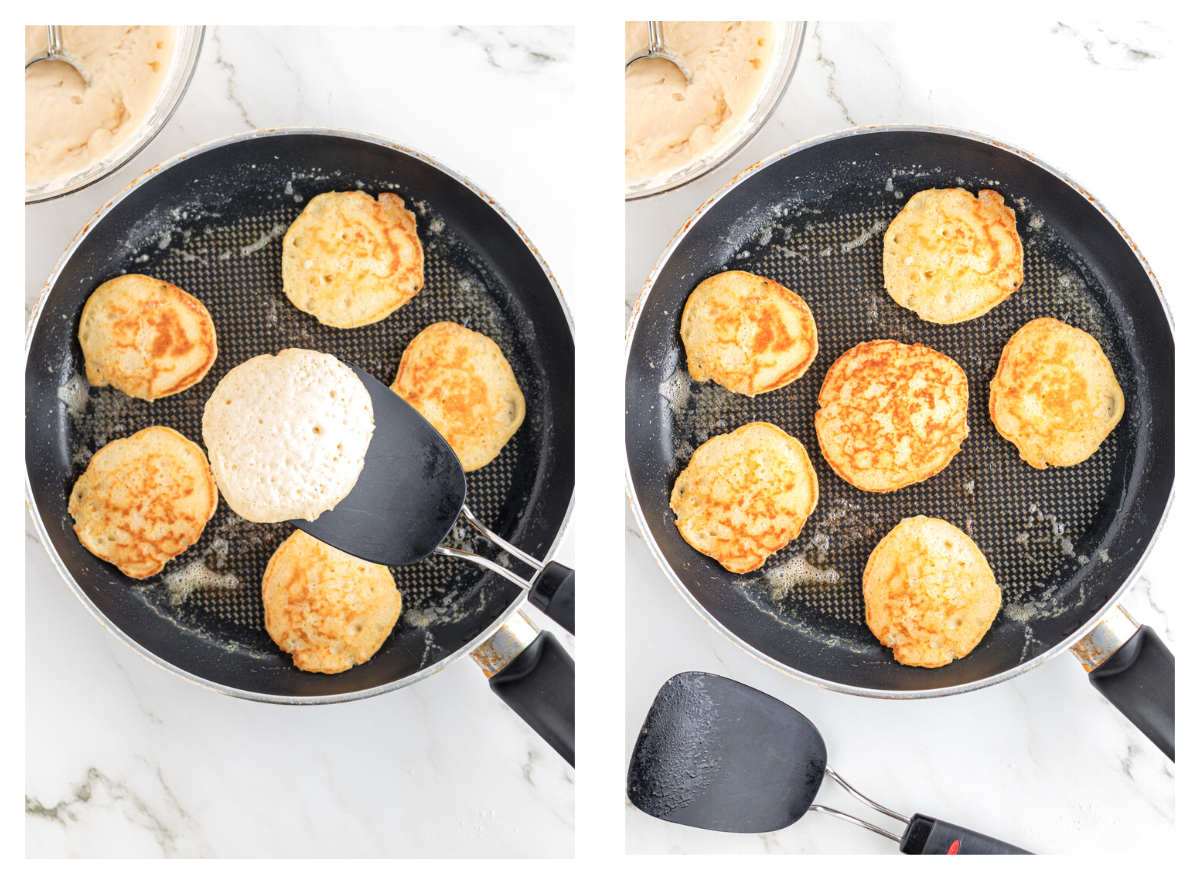 Frying and flipping pancakes.