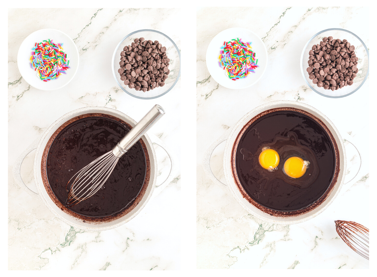 Adding eggs to brownie batter.