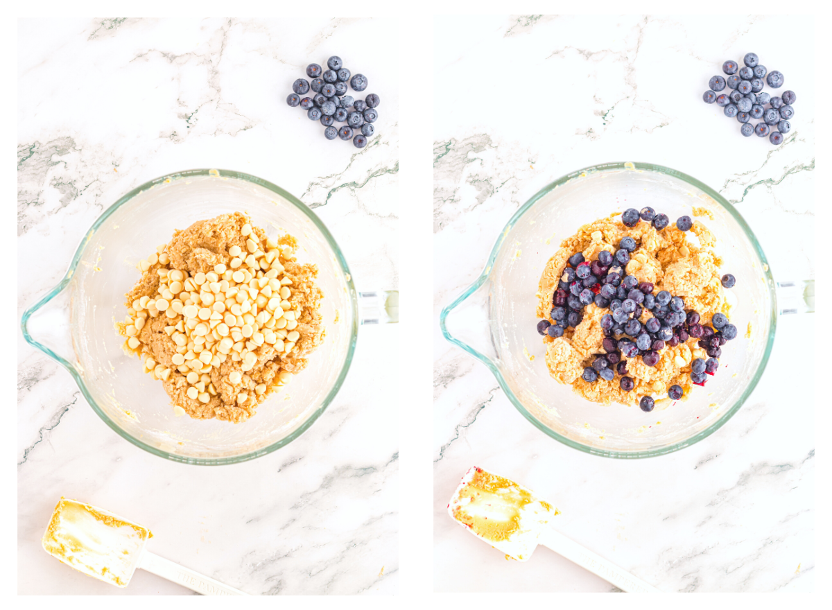 Folding in white chocolate chips and blueberries.