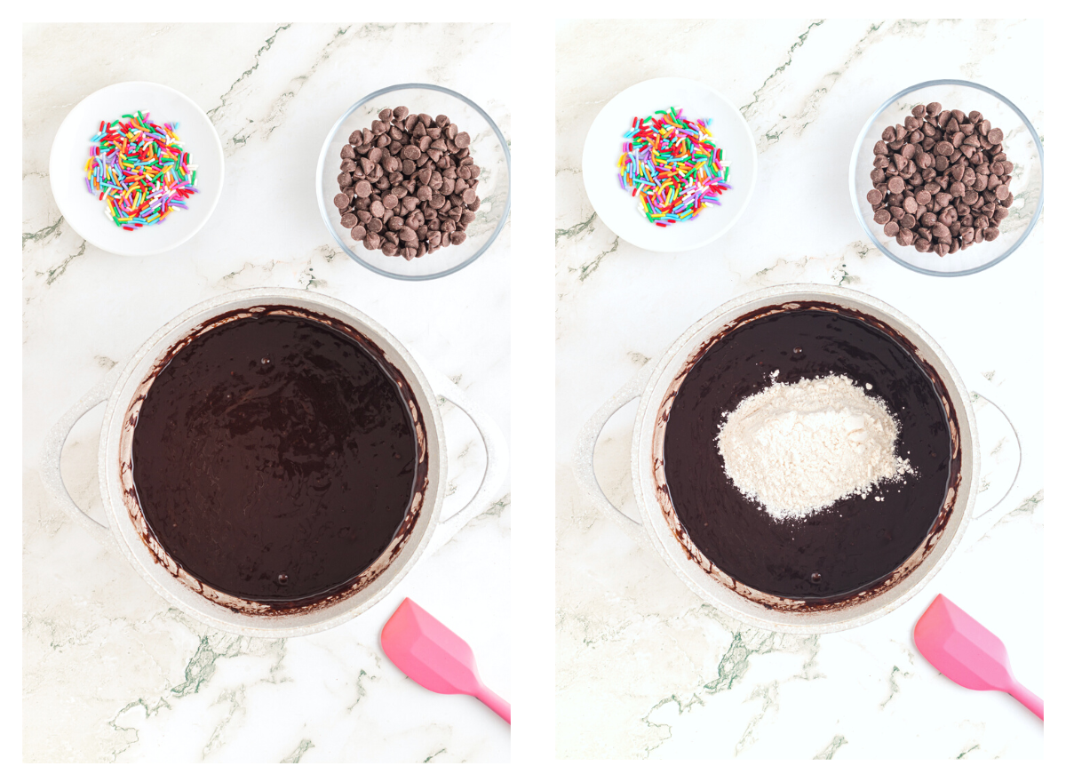 Adding dry ingredients to brownie batter.