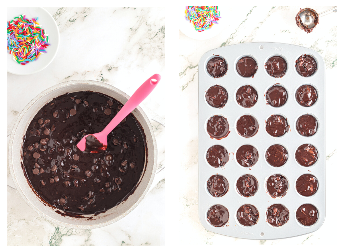 Brownie batter in mini muffin tin.