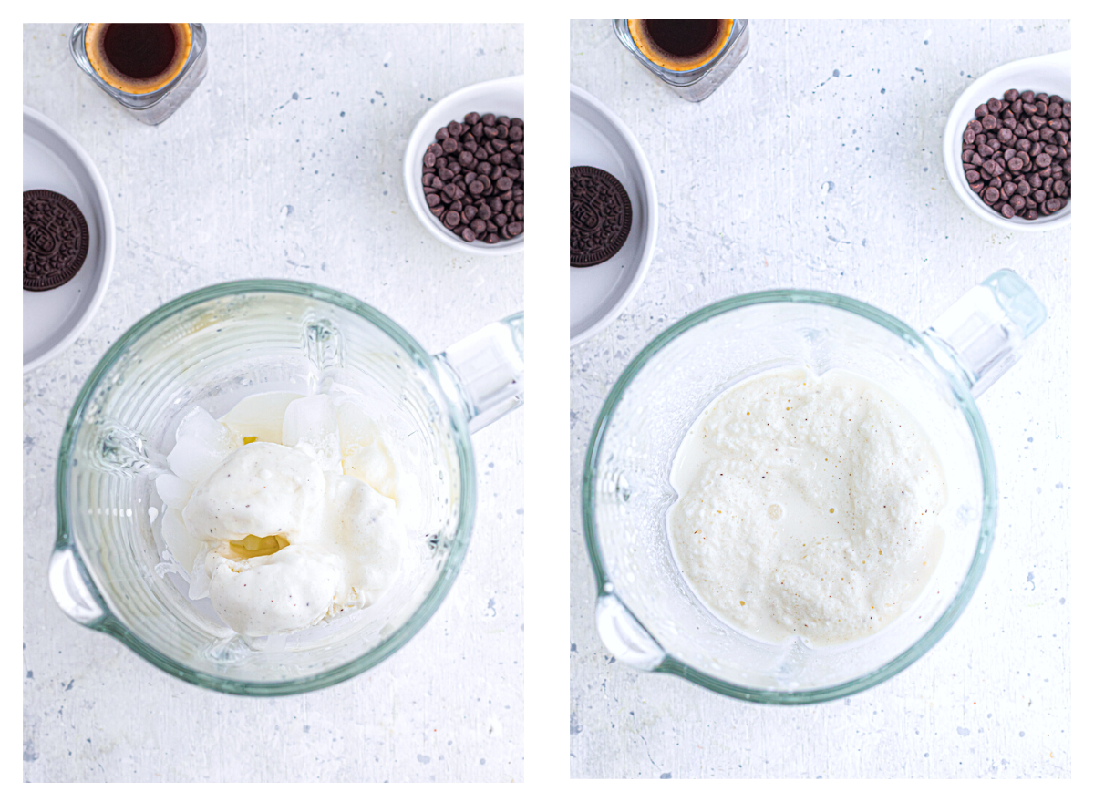 Blending cream and ice for frappuccino.