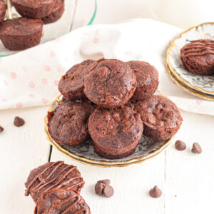 Brownie Bites on table with chocolate chips.