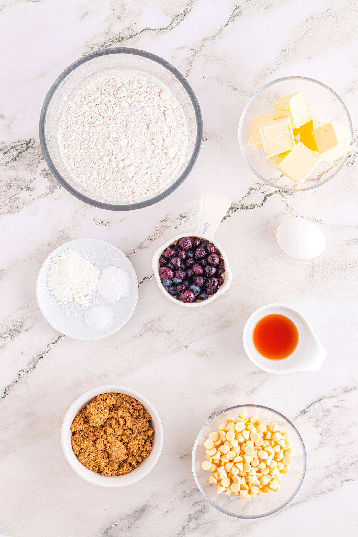 ingredients for white chocolate blueberry cookies.