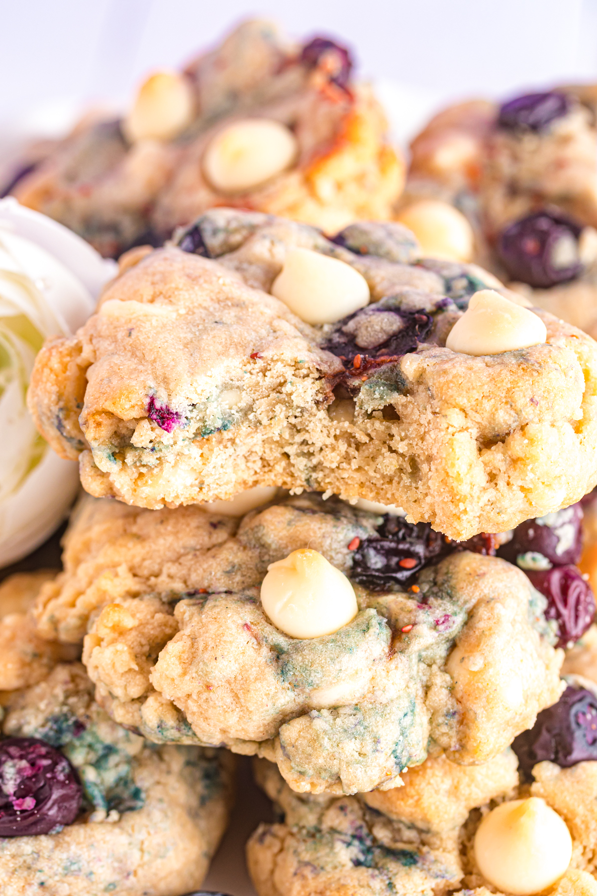 Bite out of blueberry cookie.