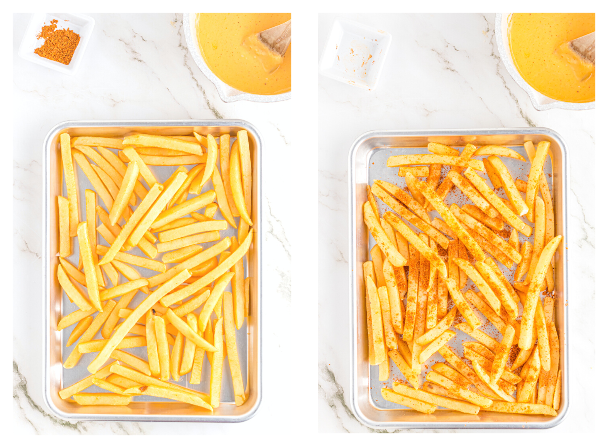 Frozen fries being seasoned.