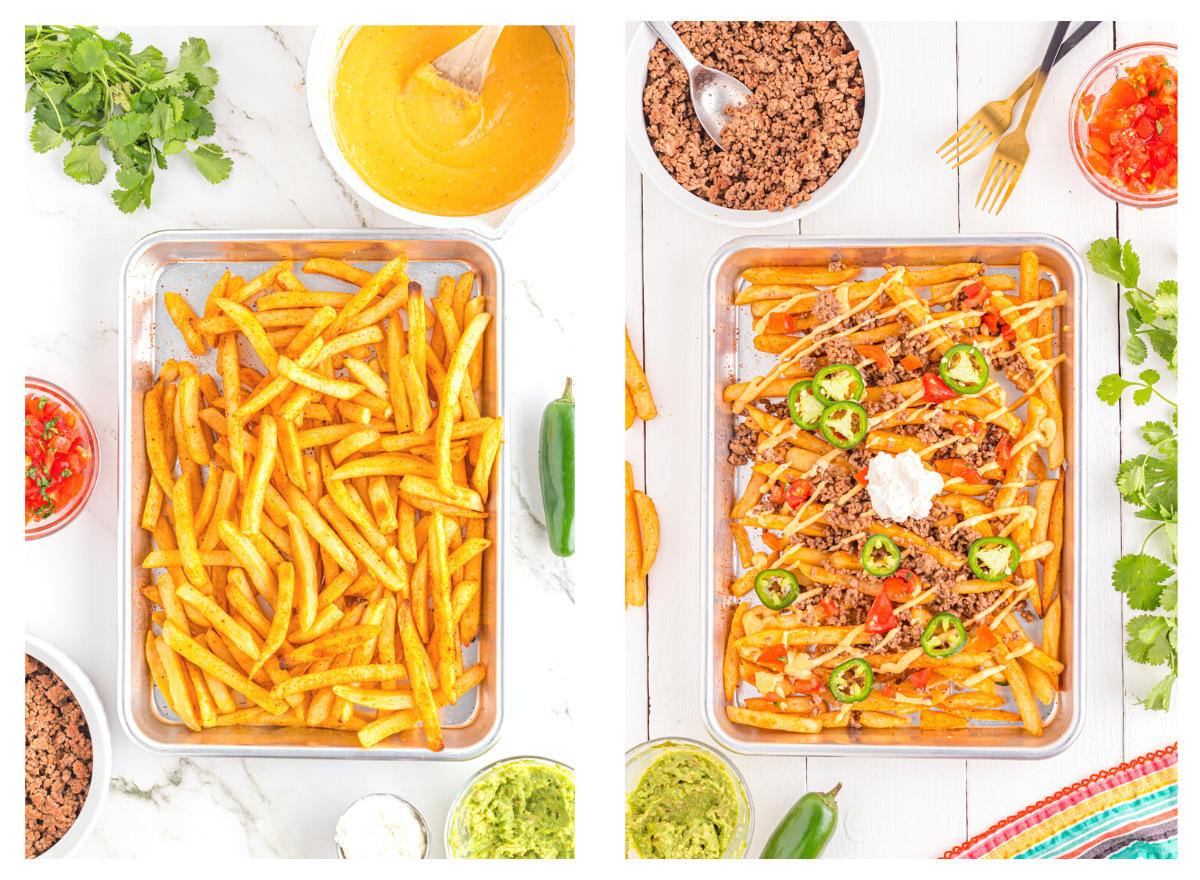 Baked fries being garnished with nacho toppings.