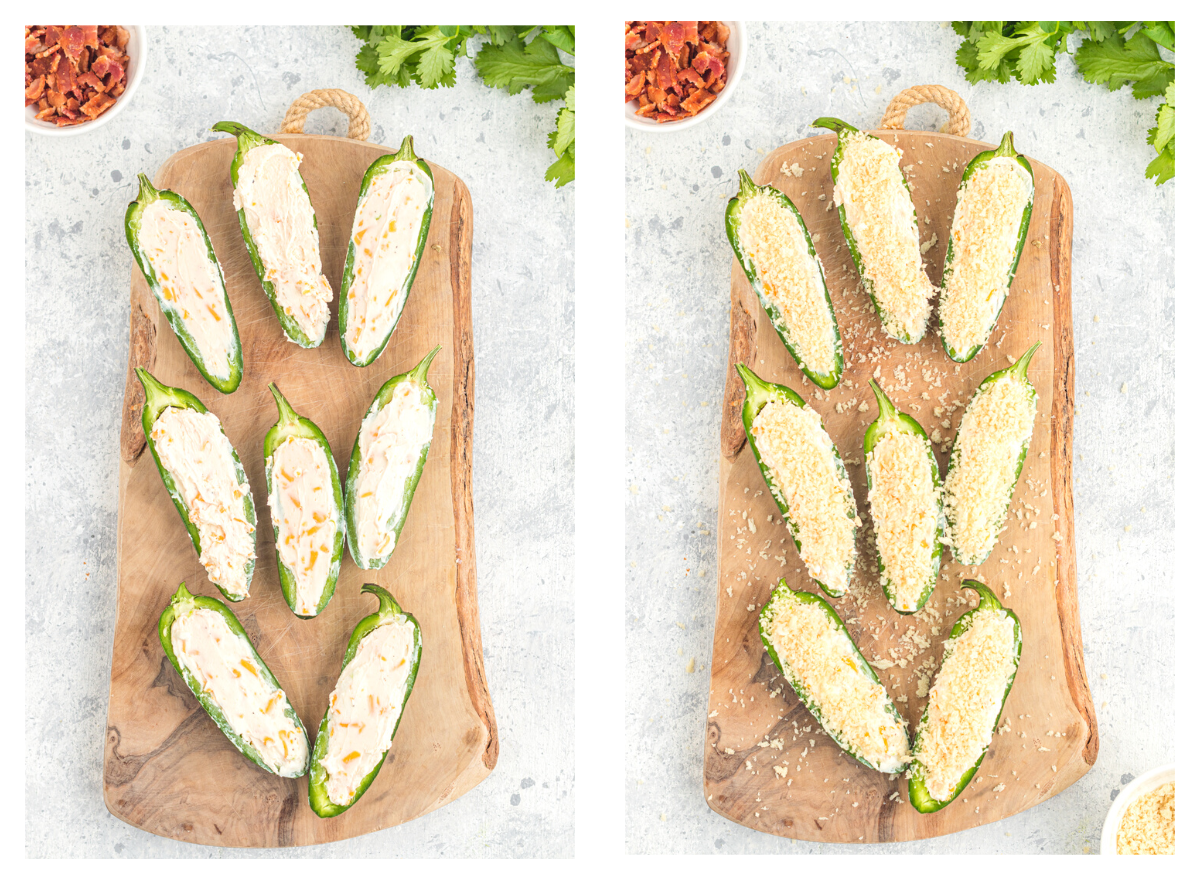 Jalapeno poppers being filled and coated in panko.