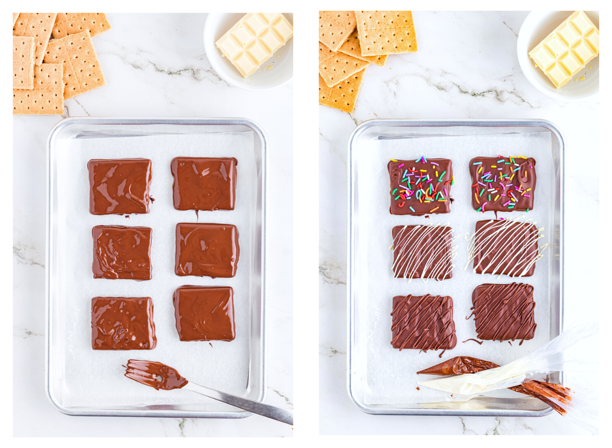 Graham crackers on a parchment lined baking sheet garnished with sprinkles and chocolate.