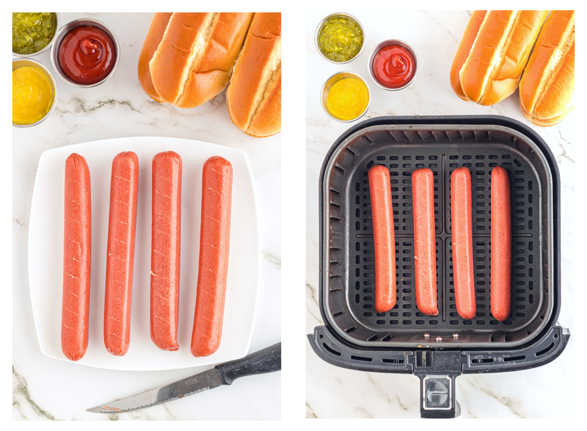 Preparing hot dogs for air fryer.