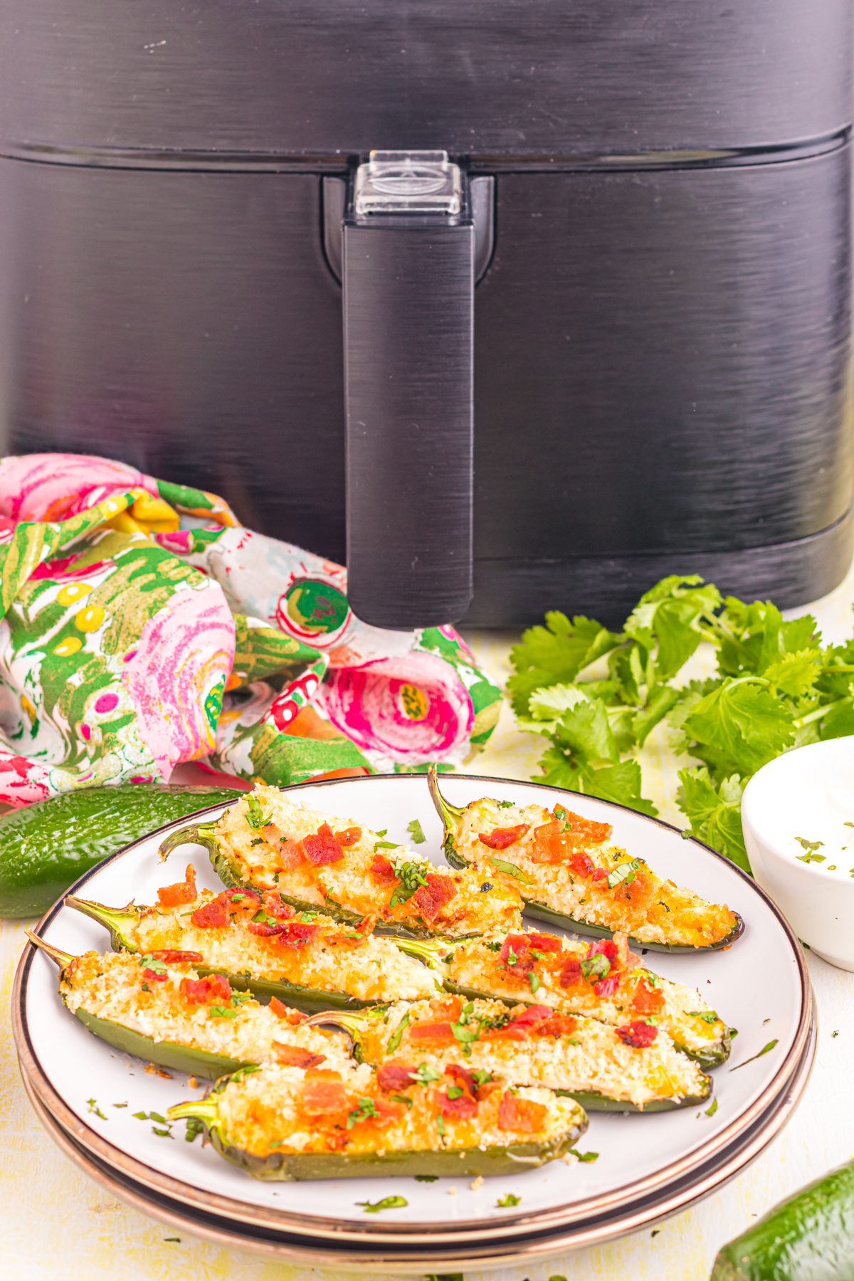 Air fryer jalapeno poppers on plate in front of air fryer.