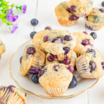 Muffins with blueberries on a plate on a table.