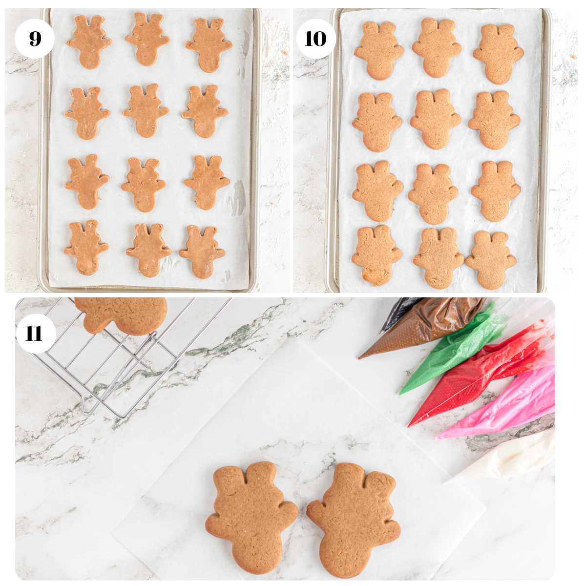 Baking gingerbread reindeer on cookie sheet and preparing to decorate.