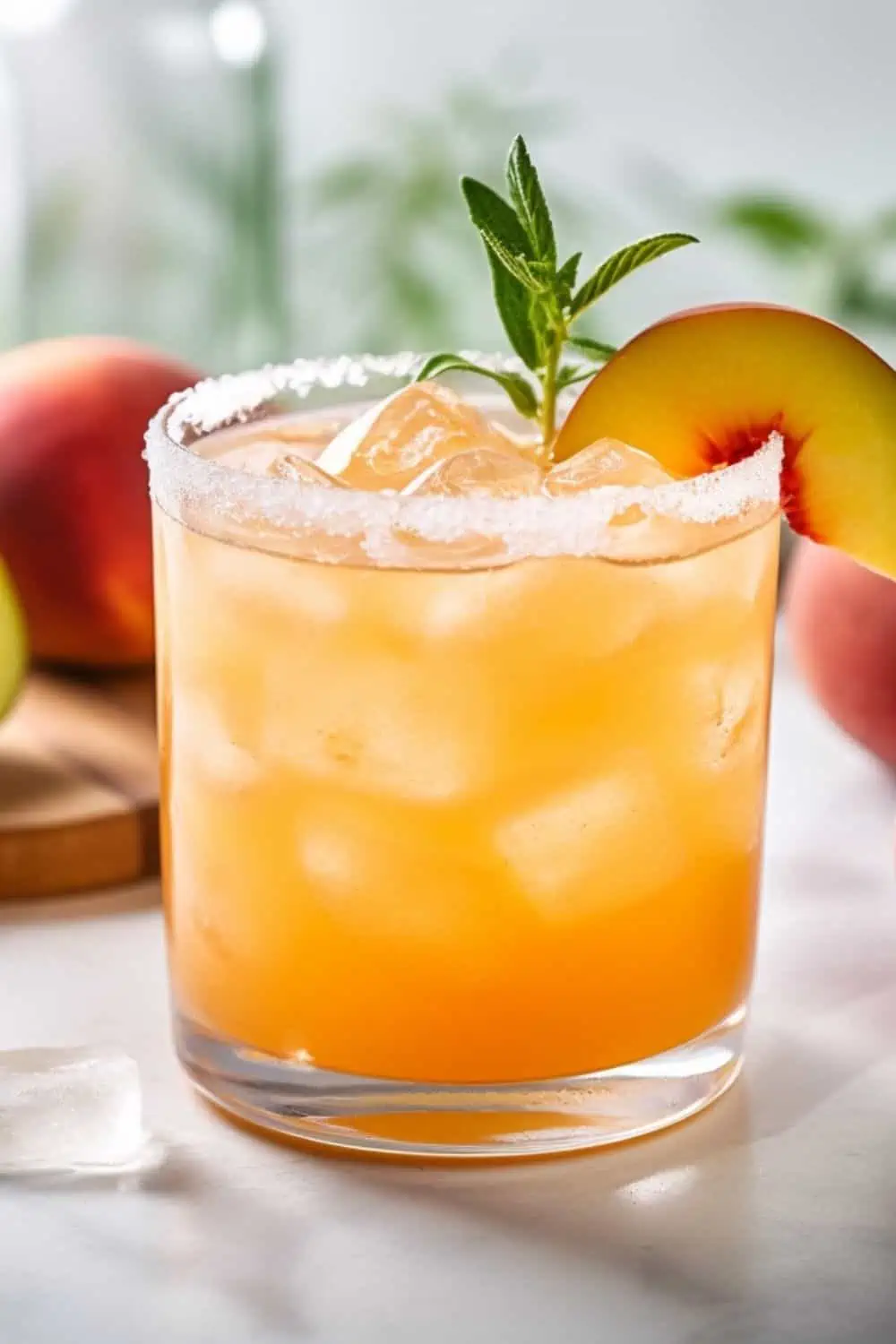 Peach margarita garnished with rosemary and peach.