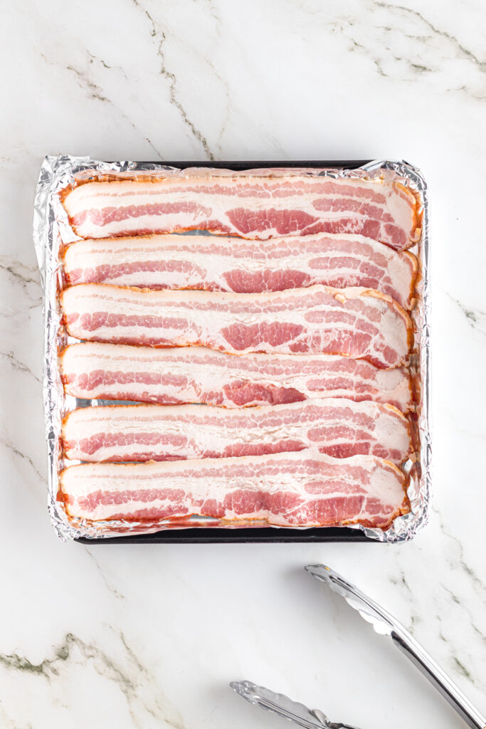 Bacon on toaster oven tray lined with foil.