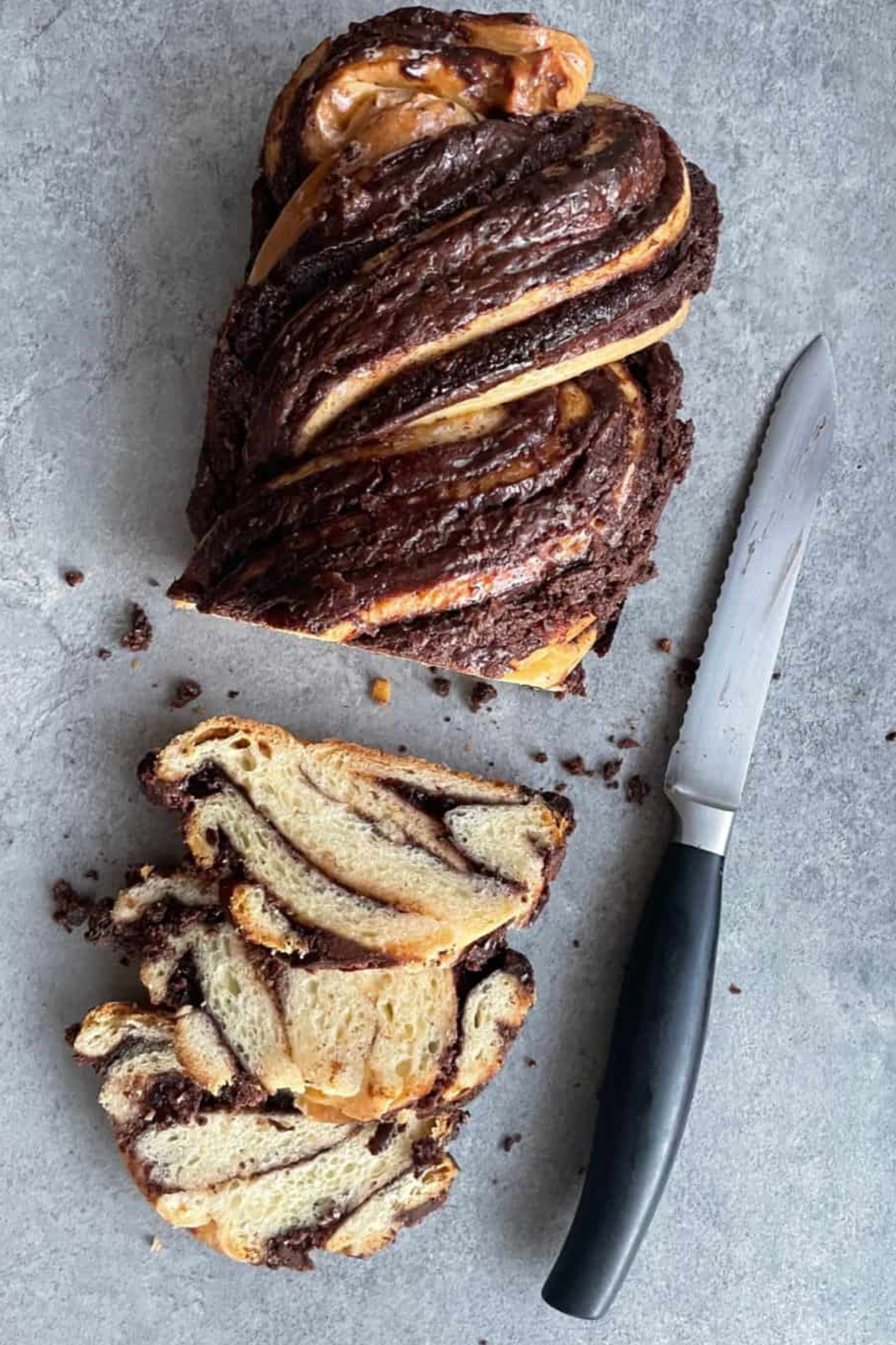 Nutella babka sliced on table.