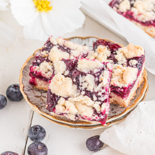 Blueberry bars on plate with blueberries on table.