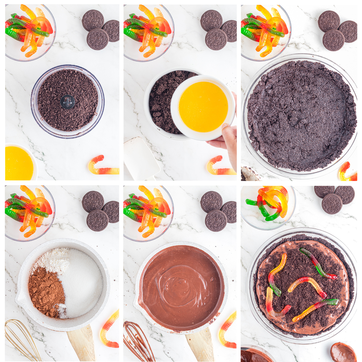 Step by step photos for making dirt pie.