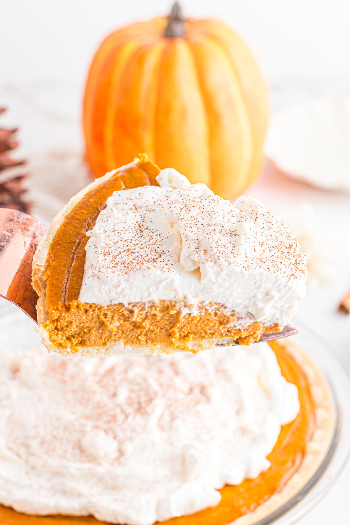 Slice of pumpkin cream pie on serving spatula.