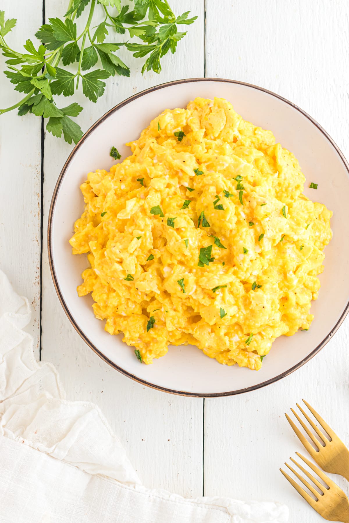 Cheesy Scrambled Eggs on a white plate with a gold rim sprinkled with parsley.