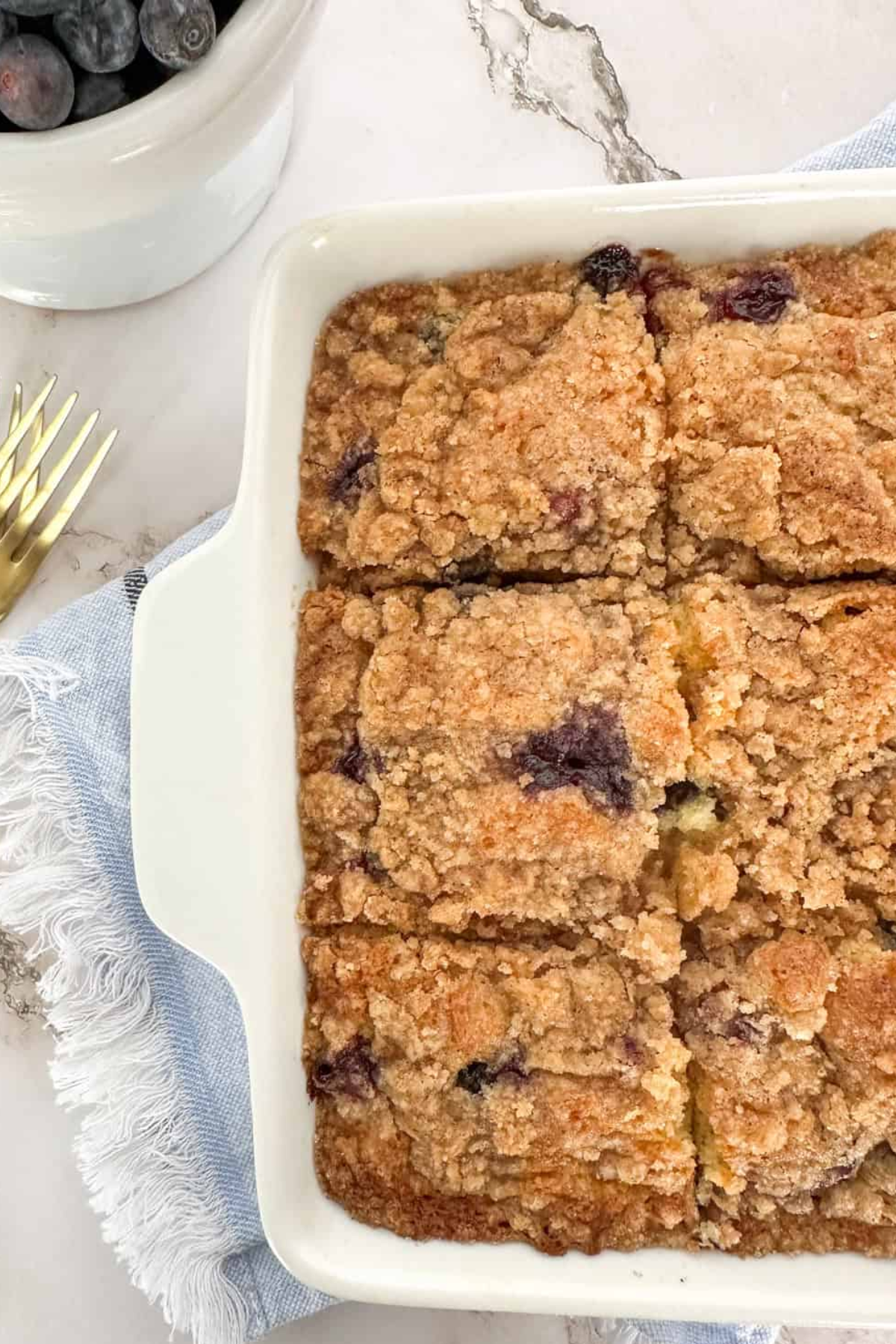 Blueberry buckle cake in pan.