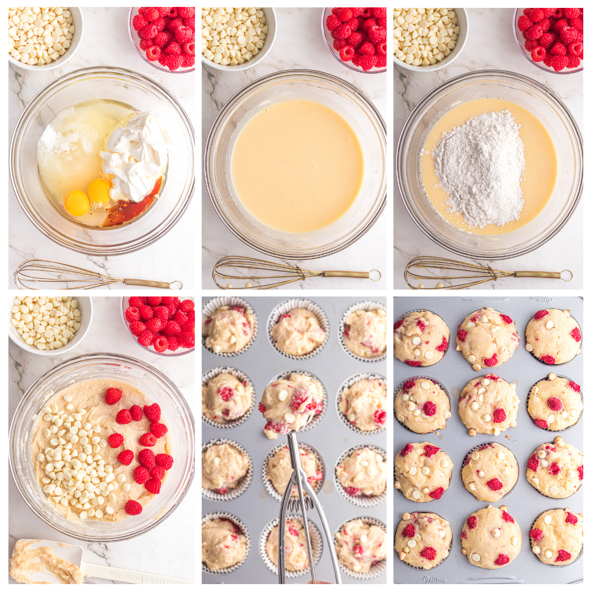 Making a white raspberrys chocolate muffins action by step.