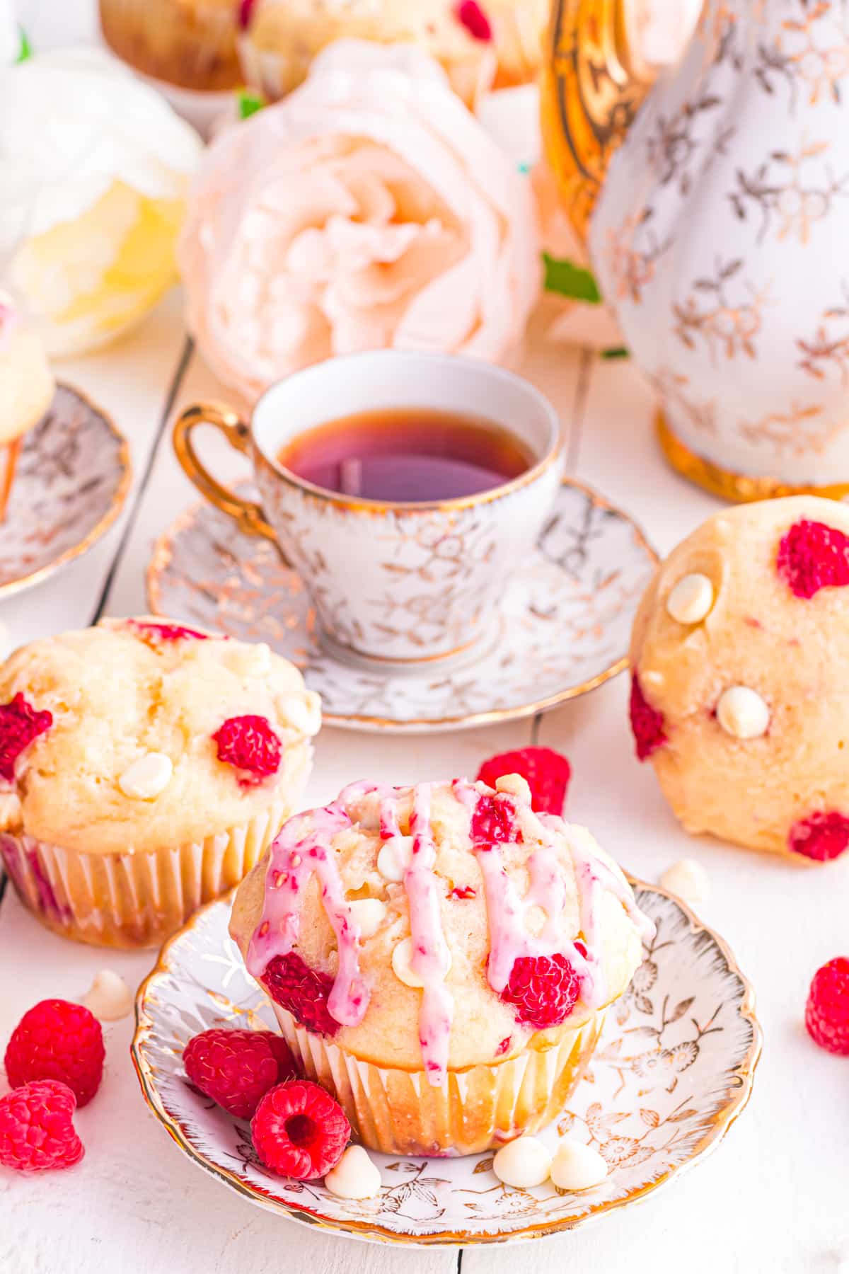 Raspberry White Chocolate Muffins on Tea.