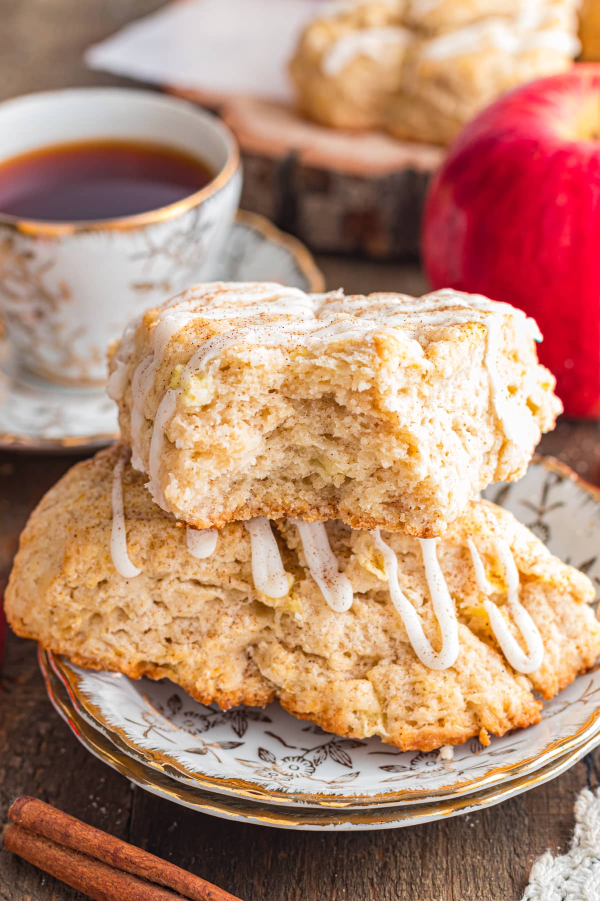 Stacked apple scone bite on the table.