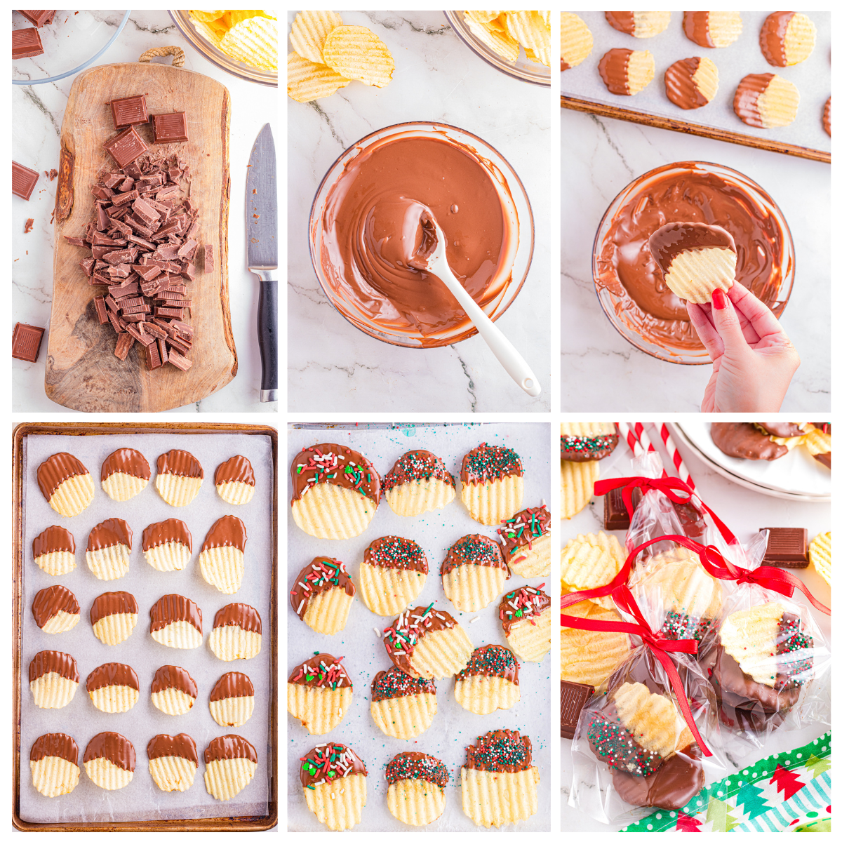 Making chocolate covered potato chips step by step.