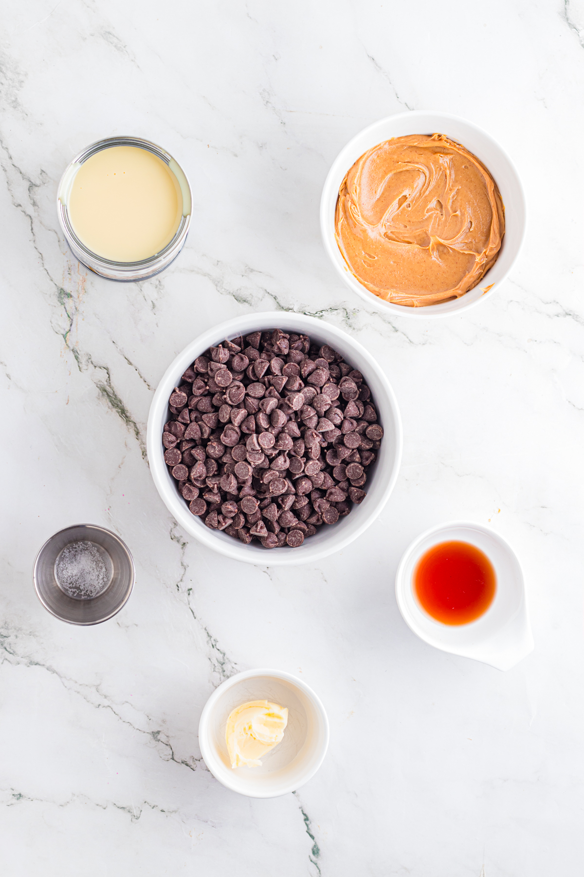 Ingredients for the chocolate peanut butter fudge countertop.